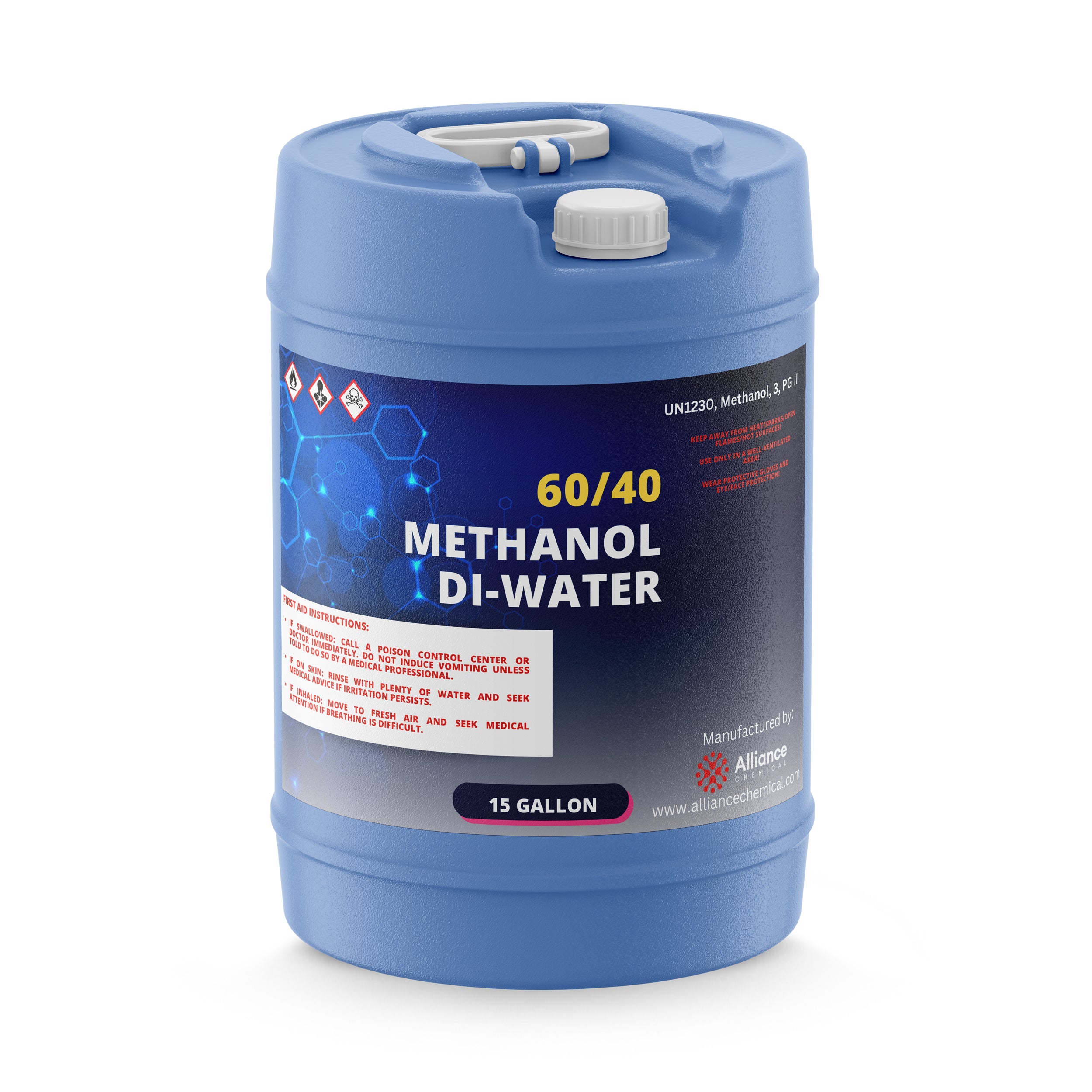 15-gallon industrial methanol di-water solution (60/40) in blue HDPE carboy with UN1230 hazard symbols, first aid instructions, and child-safe cap.