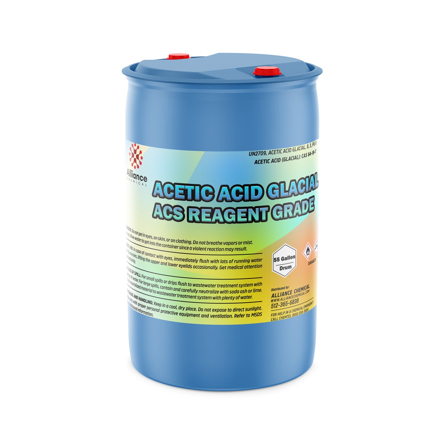 55-gallon blue drum of Acetic Acid Glacial ACS Reagent Grade (99%) with hazard warning labels, red cap vents, and gradient safety label.