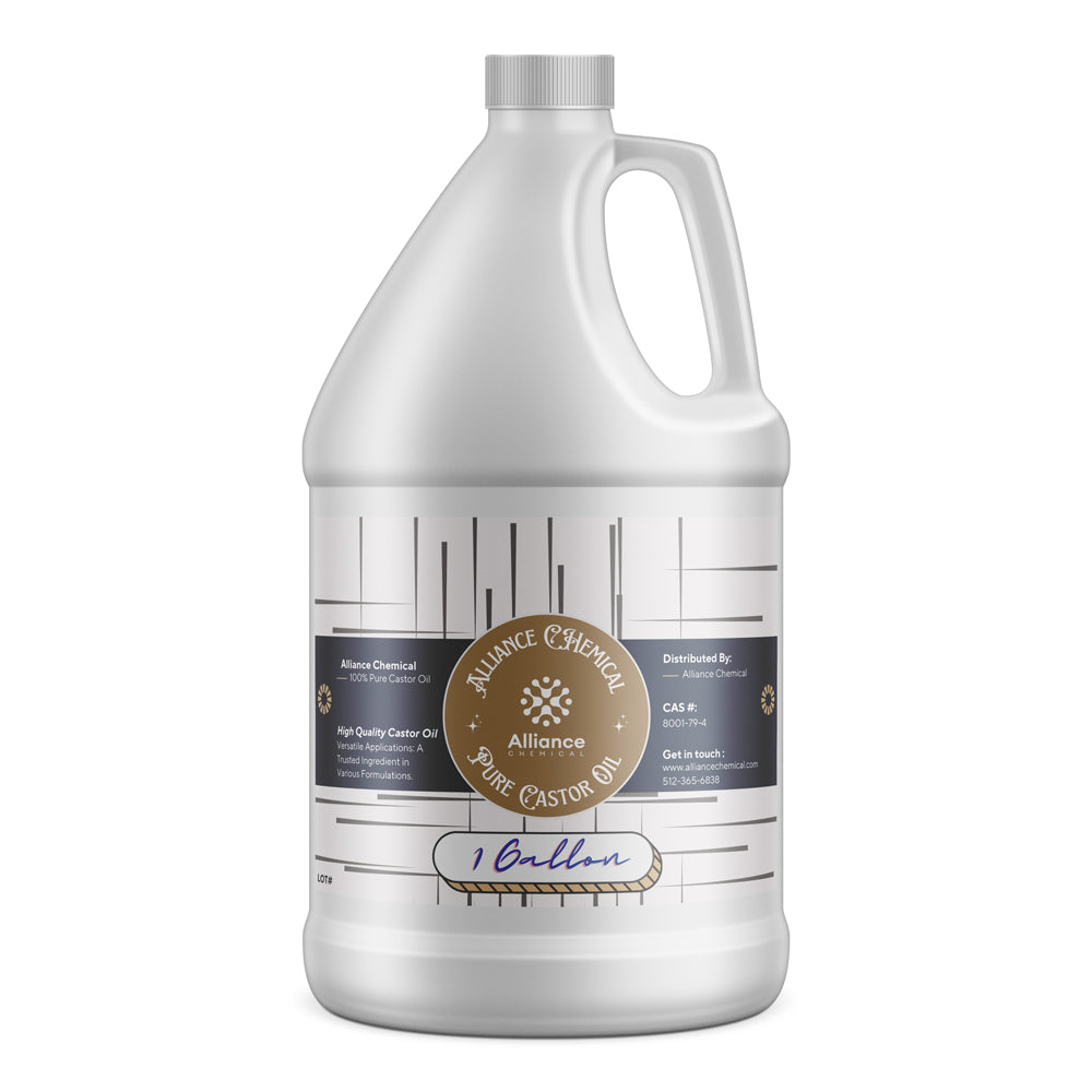 1-gallon HDPE jug of Alliance Chemical pure castor oil in white container with metallic bronze certification seal and geometric label design.