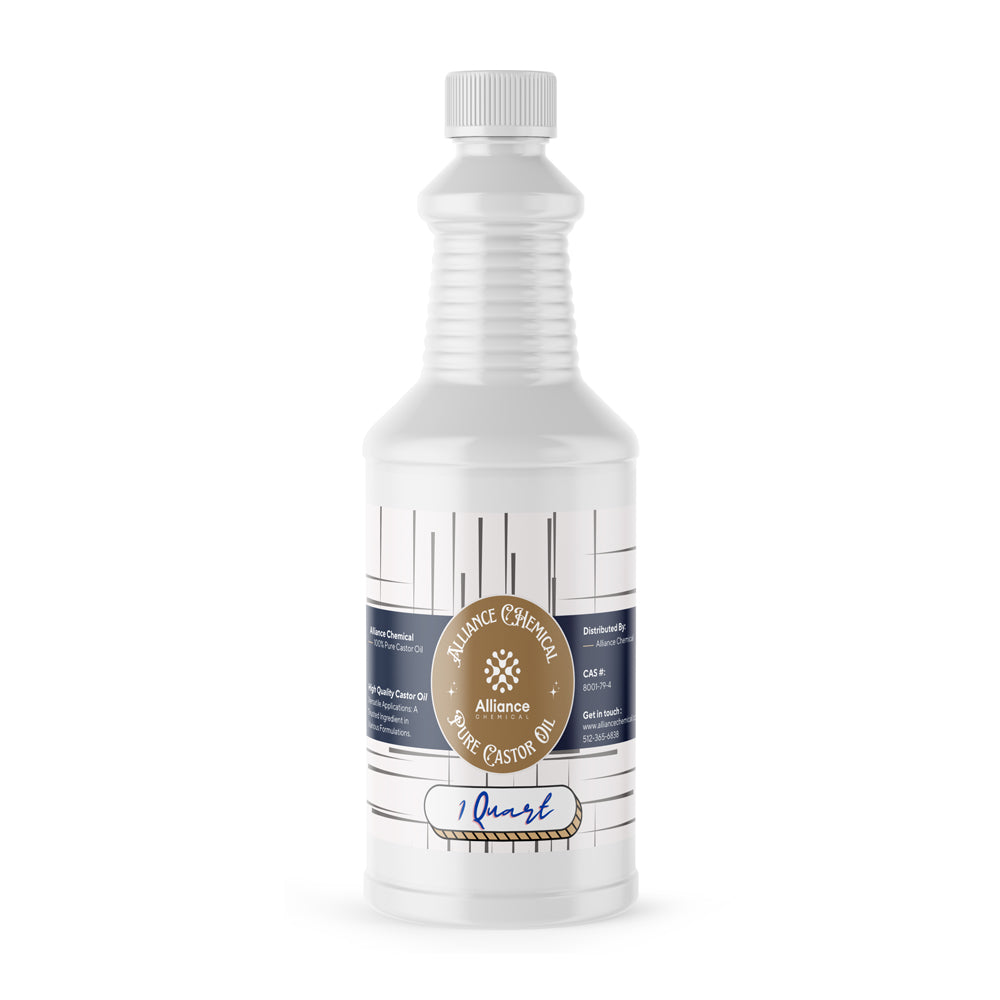 1-quart plastic bottle of pure castor oil by Alliance Chemical, featuring white ribbed design and metallic bronze product seal.