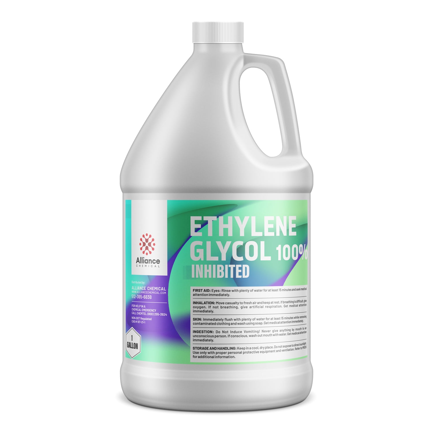 1-gallon white HDPE jug of Alliance Chemical Ethylene Glycol 100% Inhibited with first aid instructions and industrial safety labeling in green gradient.