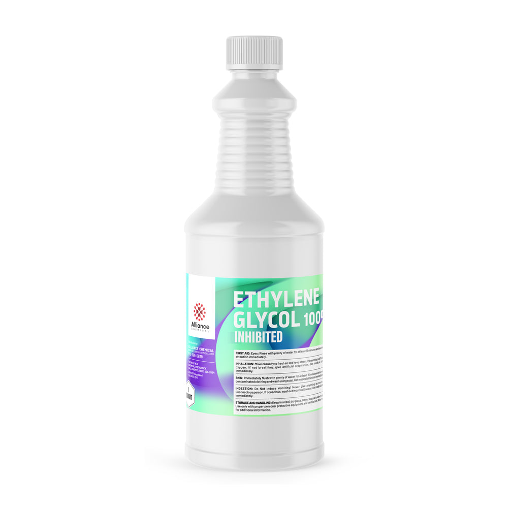 1-quart white HDPE bottle of inhibited Ethylene Glycol 100%, featuring safety instructions and Alliance Chemical branding with turquoise-purple gradient label.