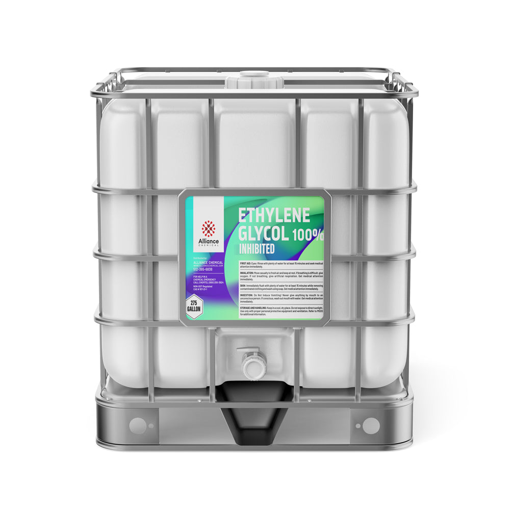 275-gallon IBC tote of Inhibited Ethylene Glycol 100% with reinforced cage frame, discharge valve, and Alliance Chemical branded safety label.