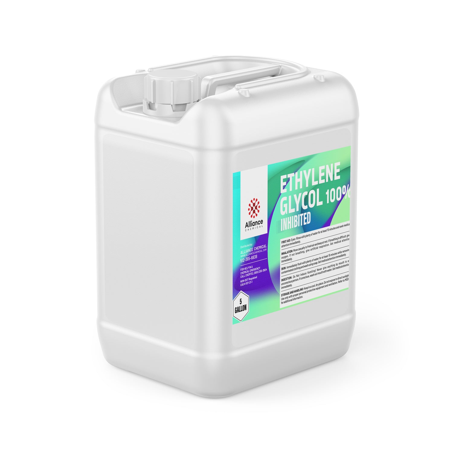 5-gallon white HDPE container of 100% inhibited ethylene glycol with Alliance Chemical branding, safety labeling, and secure screw cap.