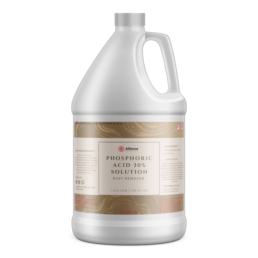 1-gallon white HDPE jug of Alliance Chemical 30% Phosphoric Acid Solution rust remover with hazard symbols and gold-accented label design.