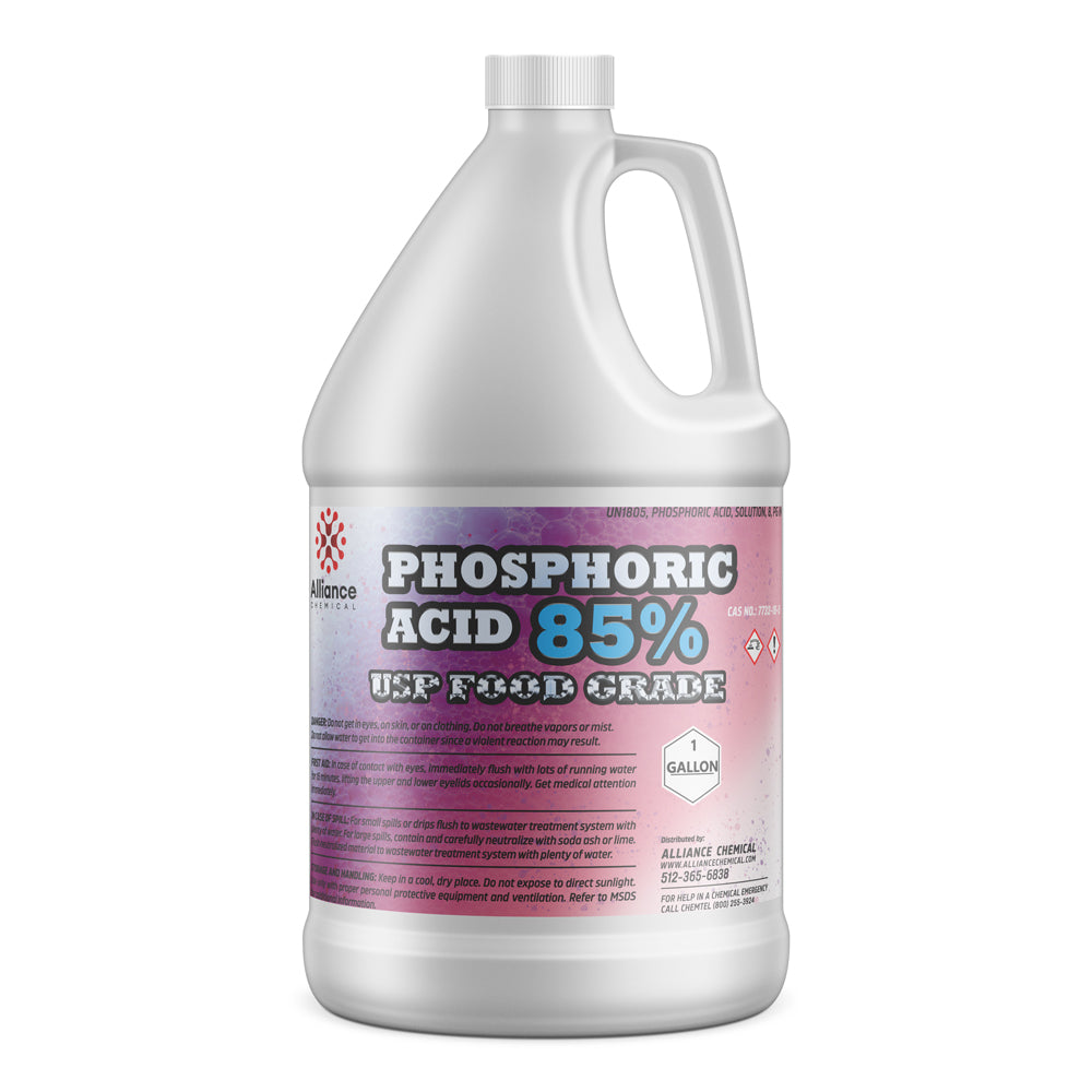 1-gallon HDPE container of 85% Phosphoric Acid USP Food Grade by Alliance Chemical, featuring hazard symbols and pink-purple gradient label.