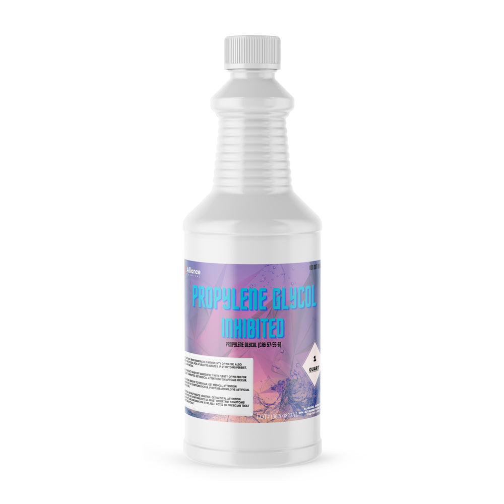 1-quart bottle of Propylene Glycol Inhibited in white HDPE container with purple-blue gradient label, industrial-grade chemical formulation, sealed cap.