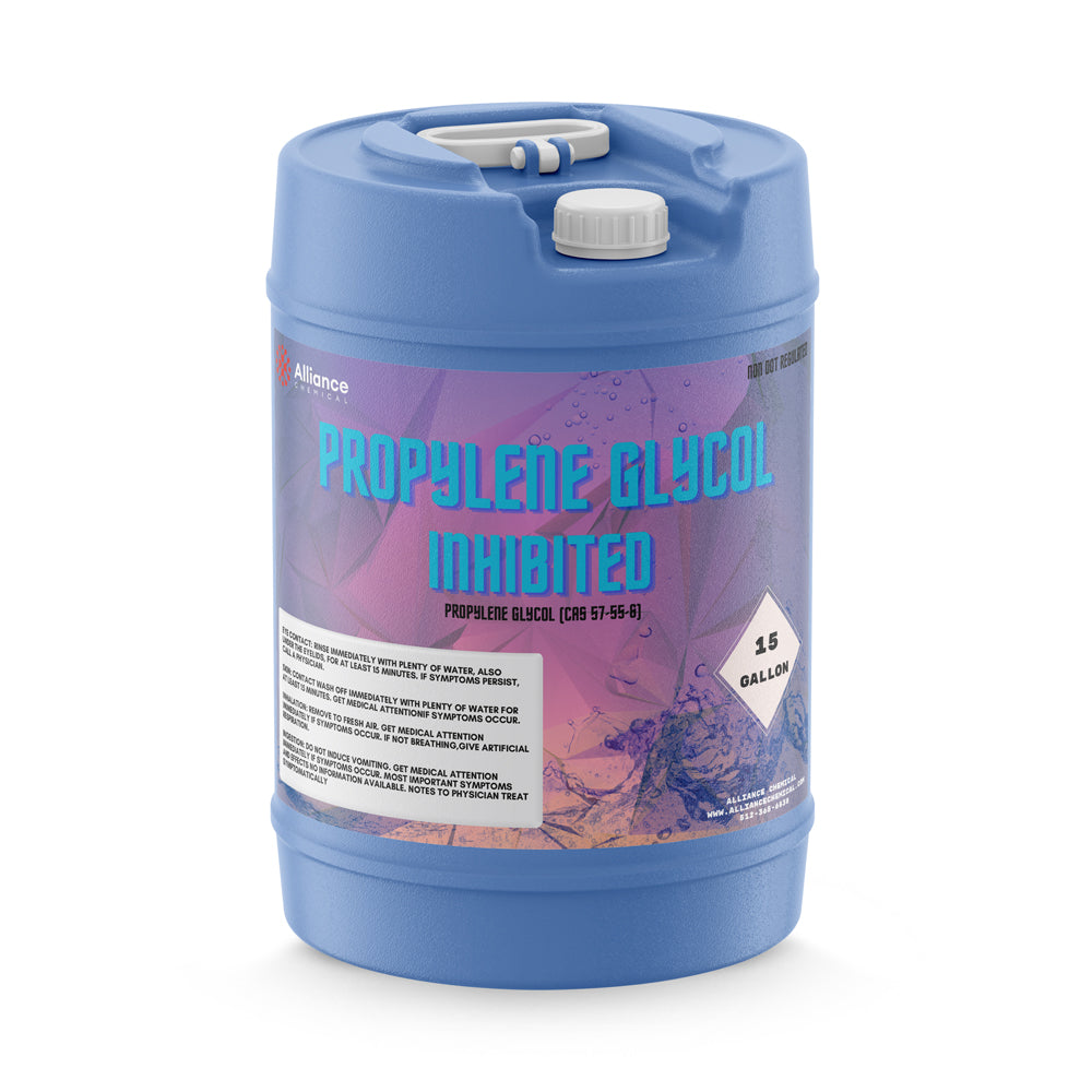 15-gallon blue HDPE drum of Propylene Glycol Inhibited with safety warnings, white screw cap, and handle, featuring Alliance Chemical branding.