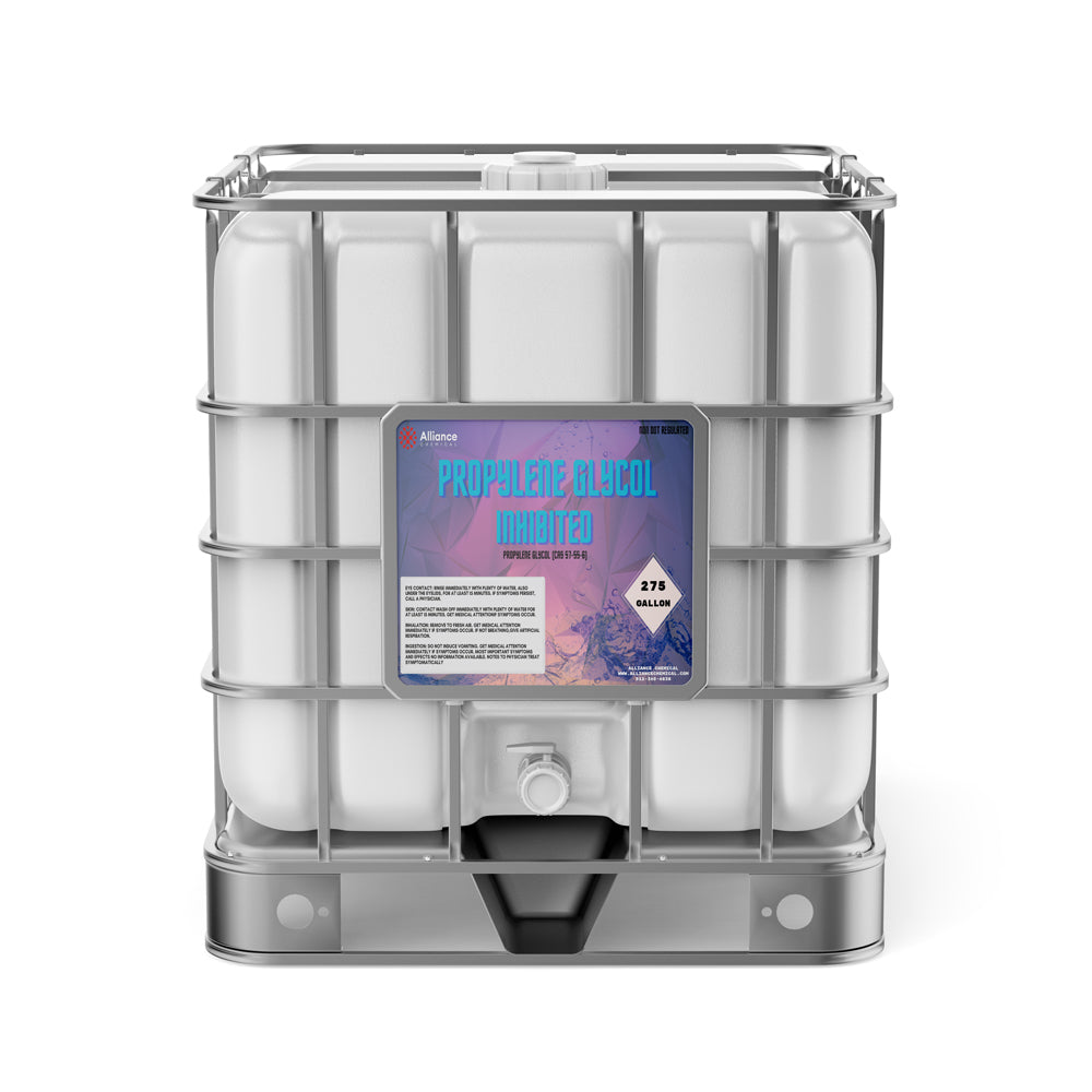 275-gallon IBC tote of Propylene Glycol Inhibited with metal cage frame, white container, spigot valve, and Alliance Chemical labeling.