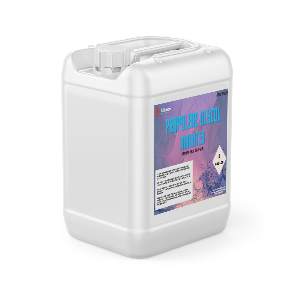 5-gallon white HDPE container of Propylene Glycol Inhibited by Alliance Chemical, featuring purple gradient label and chemical hazard symbol.