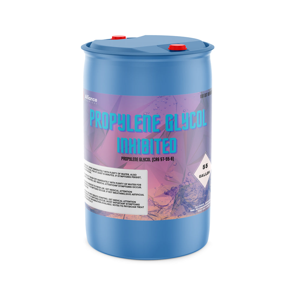 55-gallon blue industrial drum of Propylene Glycol Inhibited (CAS 57-55-6) with dual red cap seals and safety warning label in purple gradient design.