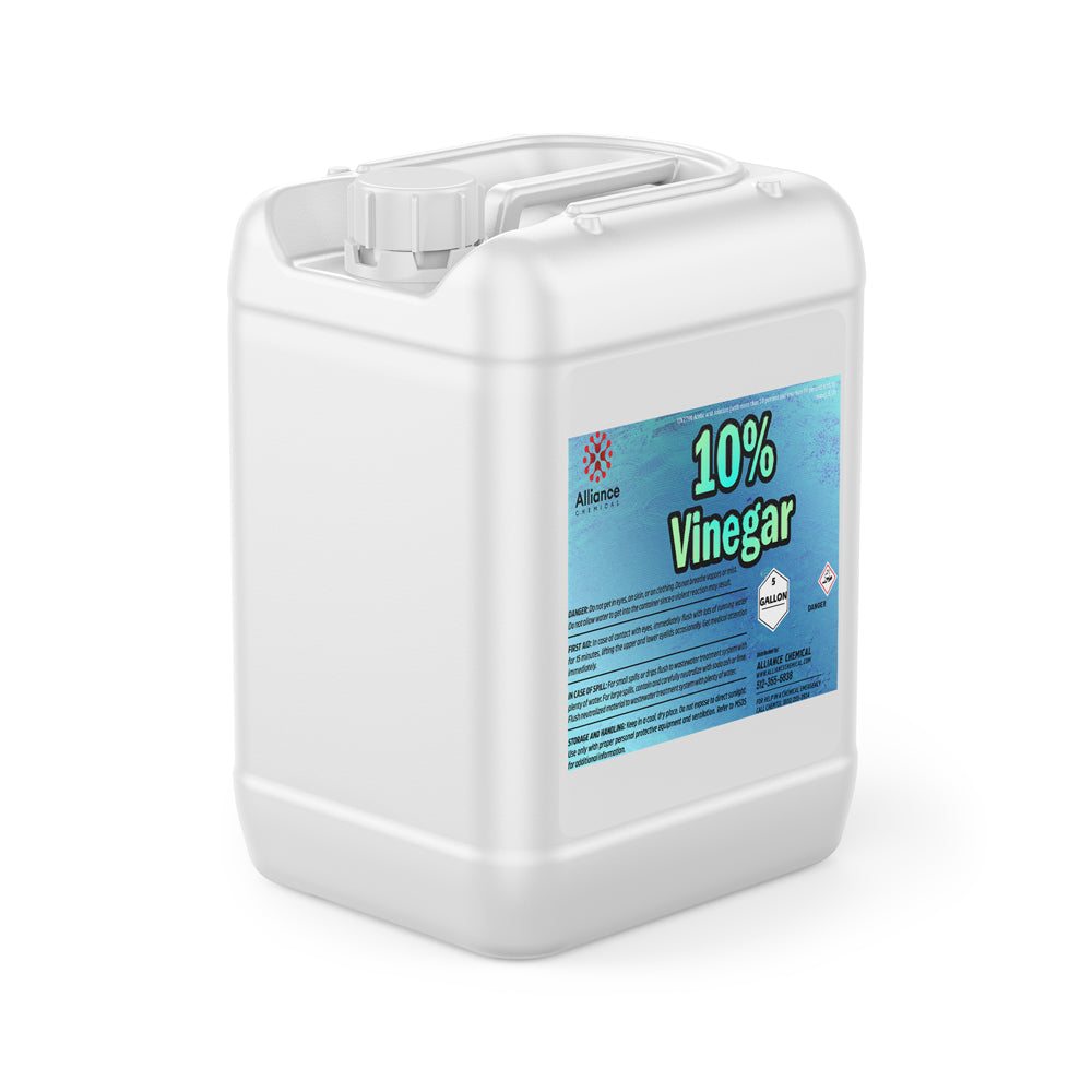 5-gallon white HDPE container of 10% industrial vinegar solution with blue Alliance Chemical label and corrosive hazard warning symbol.