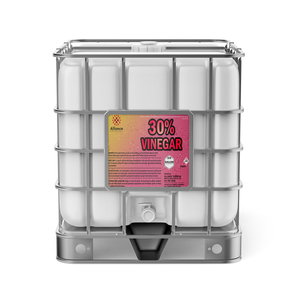 275-gallon IBC tote of 30% concentrated industrial vinegar solution in white polyethylene tank with metal cage frame and hazmat warning labels.