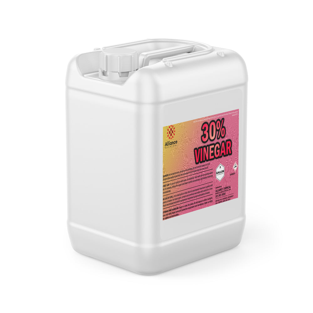 5-gallon white HDPE container of 30% concentrated industrial vinegar solution with corrosive warning label and Alliance Chemical branding.
