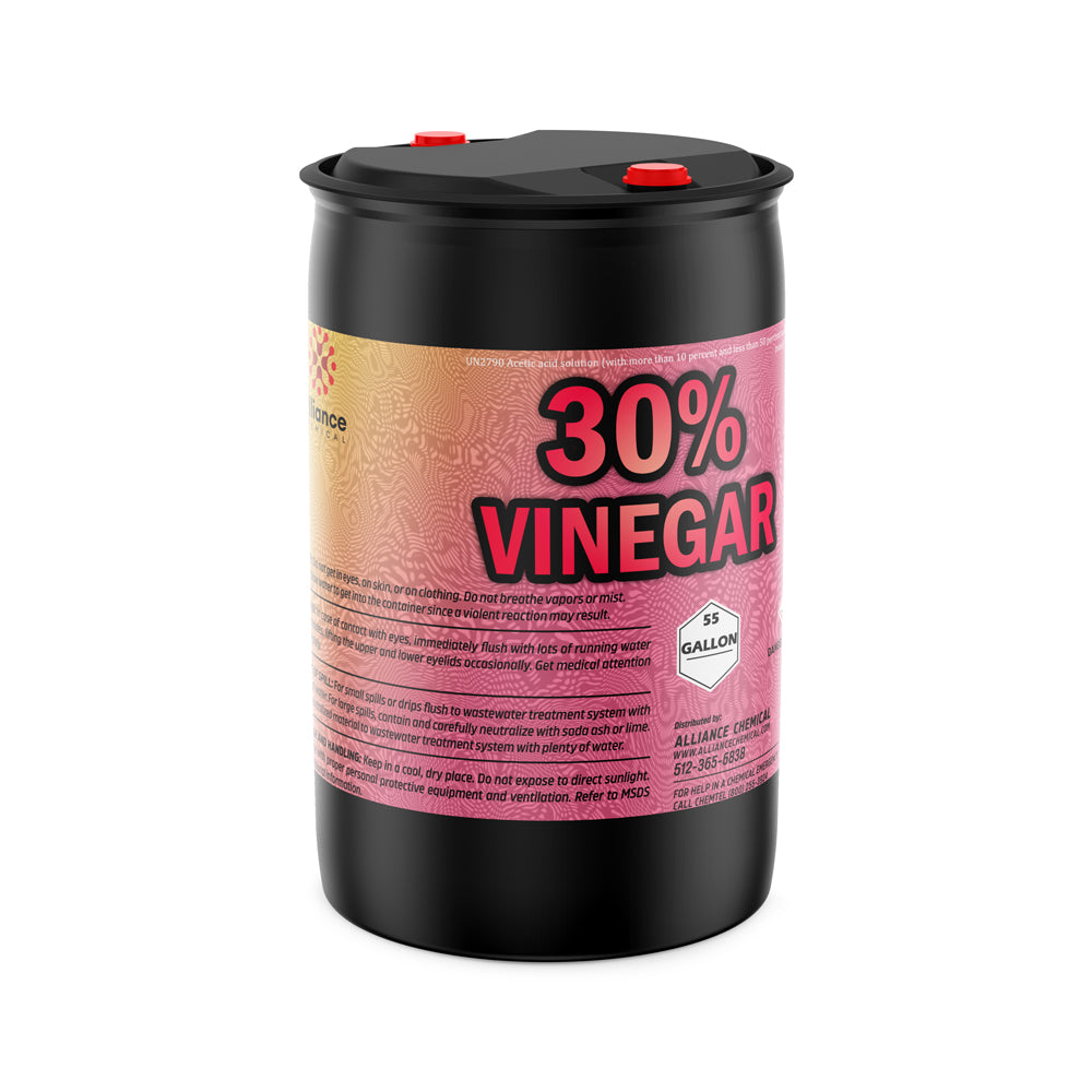 55-gallon black industrial drum of 30% concentrated vinegar solution with safety warnings, red cap seals, and gradient label from Alliance Chemical.
