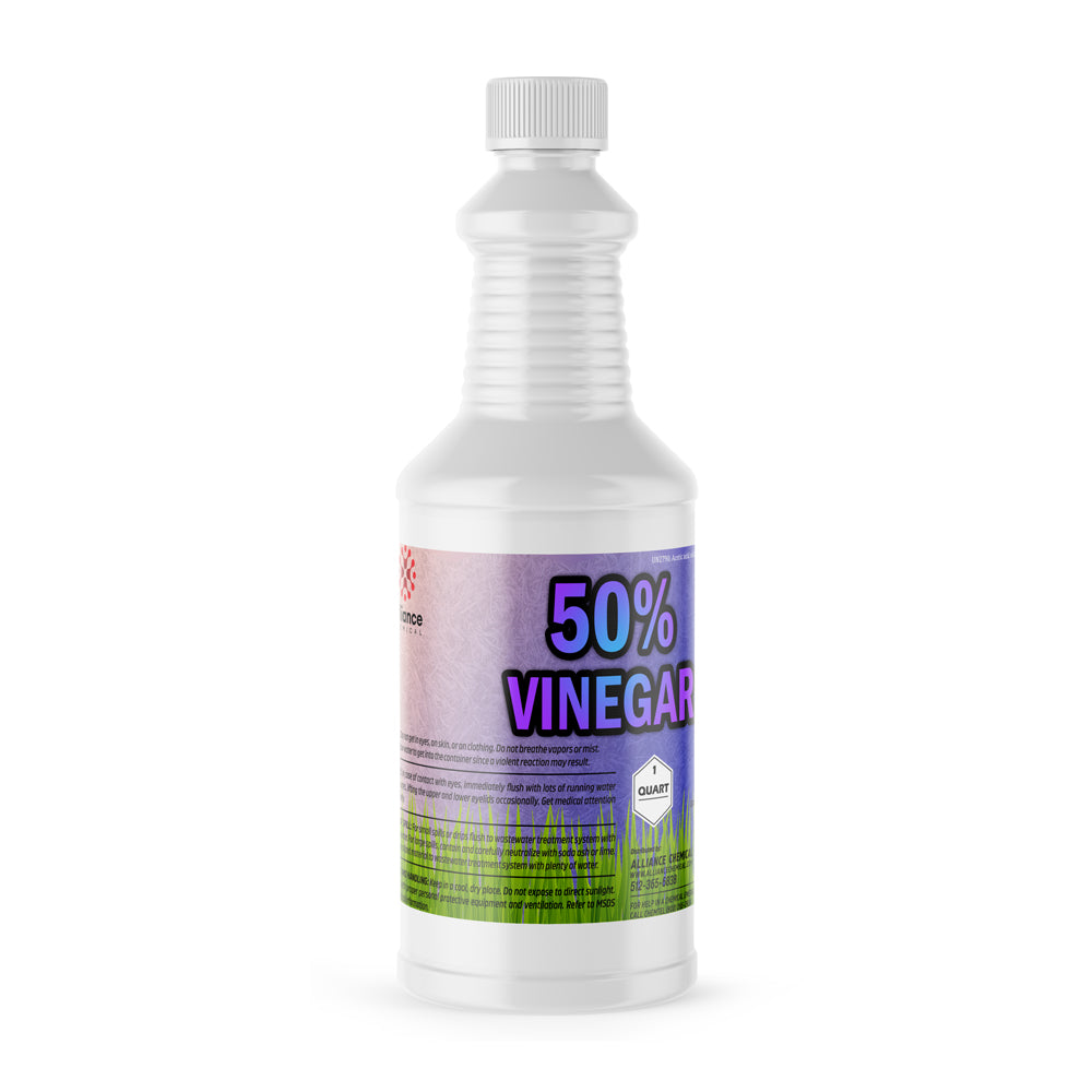 1-quart bottle of 50% concentrated industrial vinegar solution in white HDPE container with safety warnings and gradient label design.
