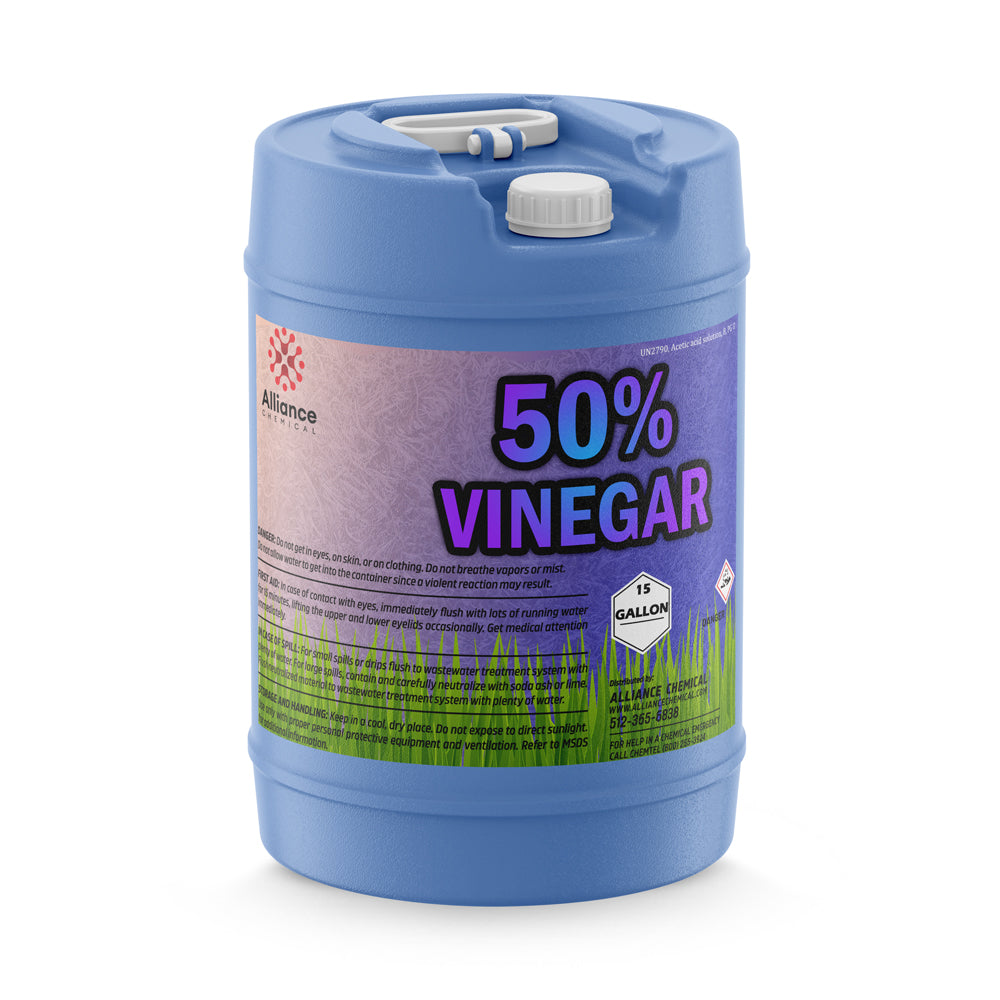 15-gallon blue HDPE drum of 50% concentrated industrial vinegar solution by Alliance Chemical, featuring safety warnings and secure dual-cap system.