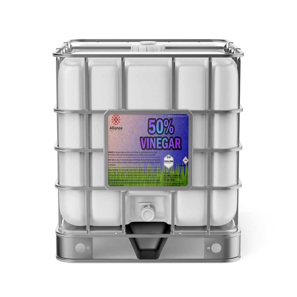 275-gallon IBC tote of 50% concentrated industrial vinegar solution in white HDPE tank with metal cage, Alliance Chemical hazard-labeled container.