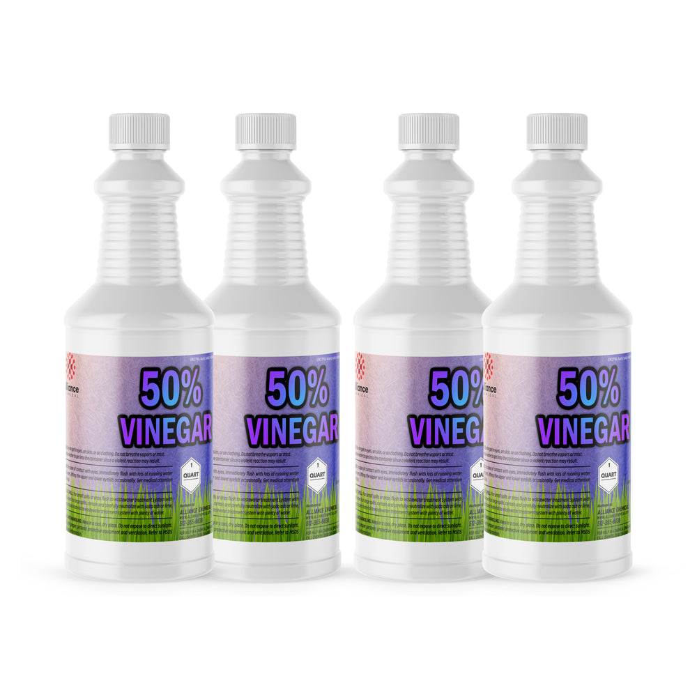 4-quart bottles of 50% concentrated industrial vinegar solution in white HDPE containers with ribbed design and safety-sealed caps.