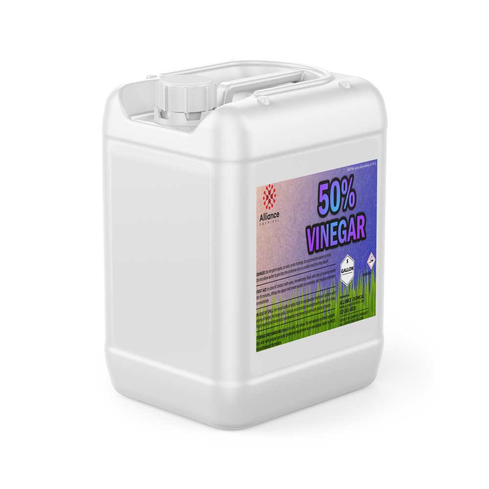 5-gallon white HDPE container of 50% concentrated industrial vinegar solution with corrosive warning symbols and Alliance Chemical branding.