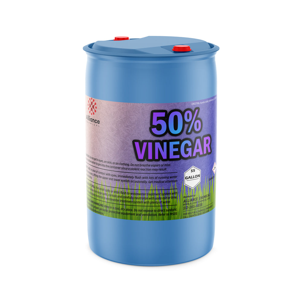 55-gallon blue HDPE drum of 50% concentrated industrial vinegar solution with hazard warnings, red cap seals, and Alliance Chemical branding.