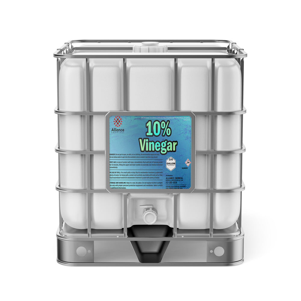 275-gallon IBC tote of 10% industrial vinegar solution (acetic acid), white container with metal cage frame, corrosive warning label, bottom discharge valve.