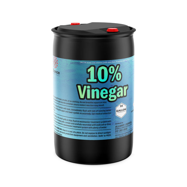 One 55-gallon black plastic drum of Alliance Chemical 10% Vinegar - Concentrated Industrial Strength with red caps and label.