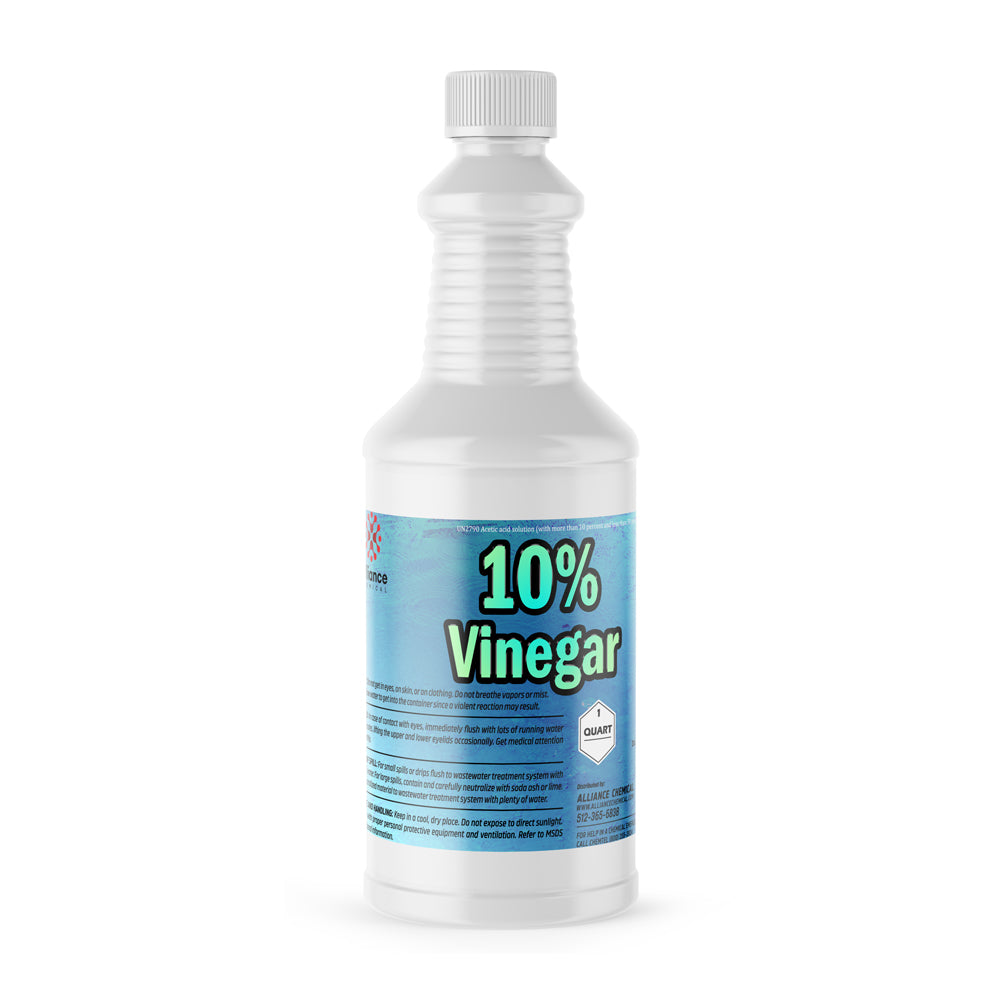 Quart bottle of 10% industrial vinegar solution, white HDPE container with blue label, hazard diamond symbol, concentrated acetic acid cleaner.