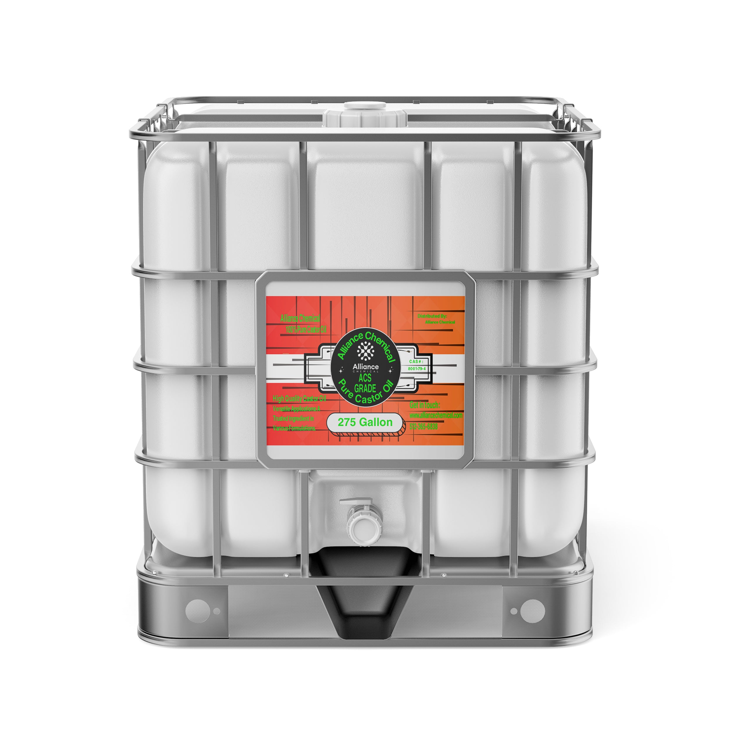 275-gallon IBC tote of ACS-grade pure castor oil in white HDPE container with metal cage, bottom discharge valve, and Alliance Chemical labeling.