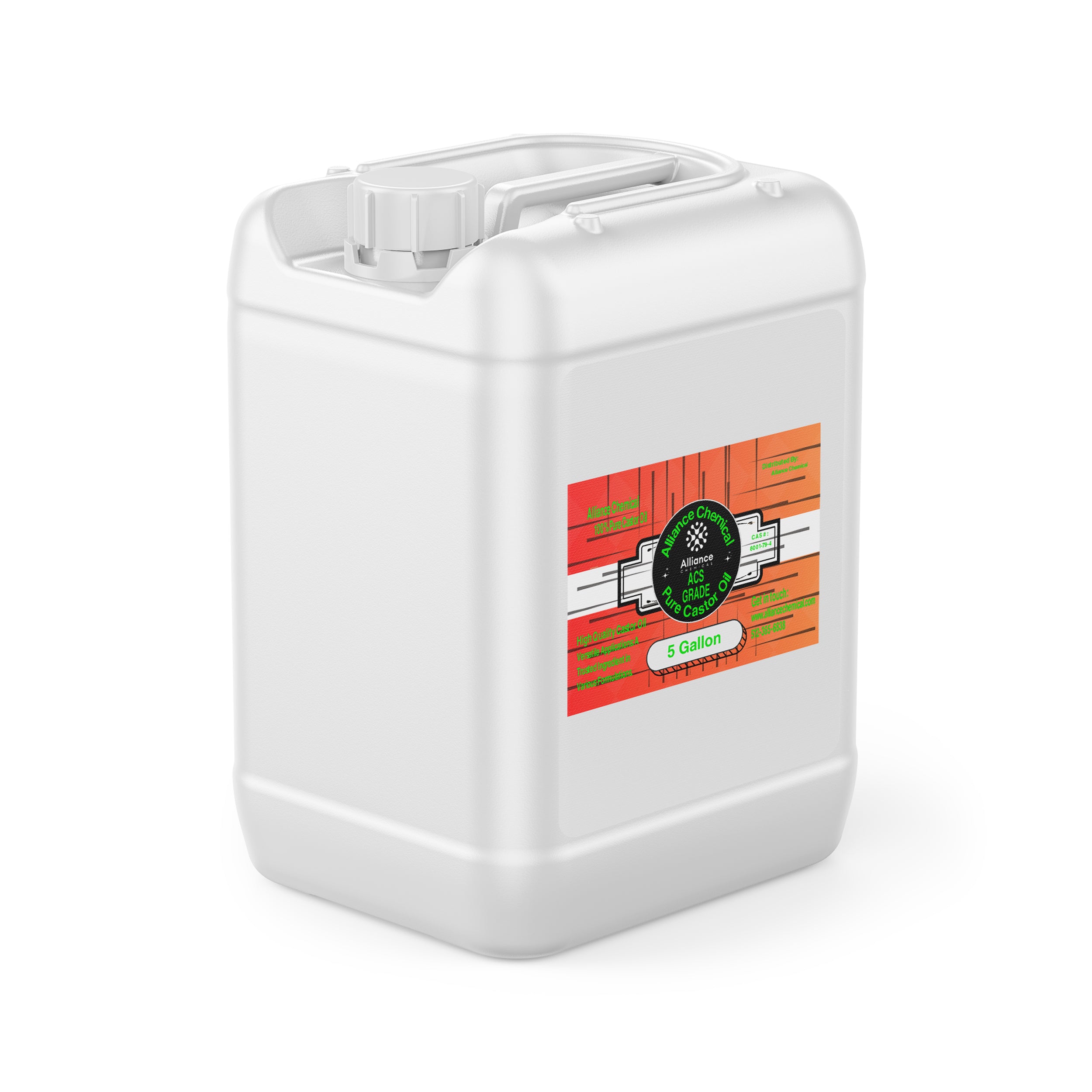 5-gallon ACS-grade pure castor oil in white HDPE industrial container with Alliance Chemical labeling and secure screw-top closure system.