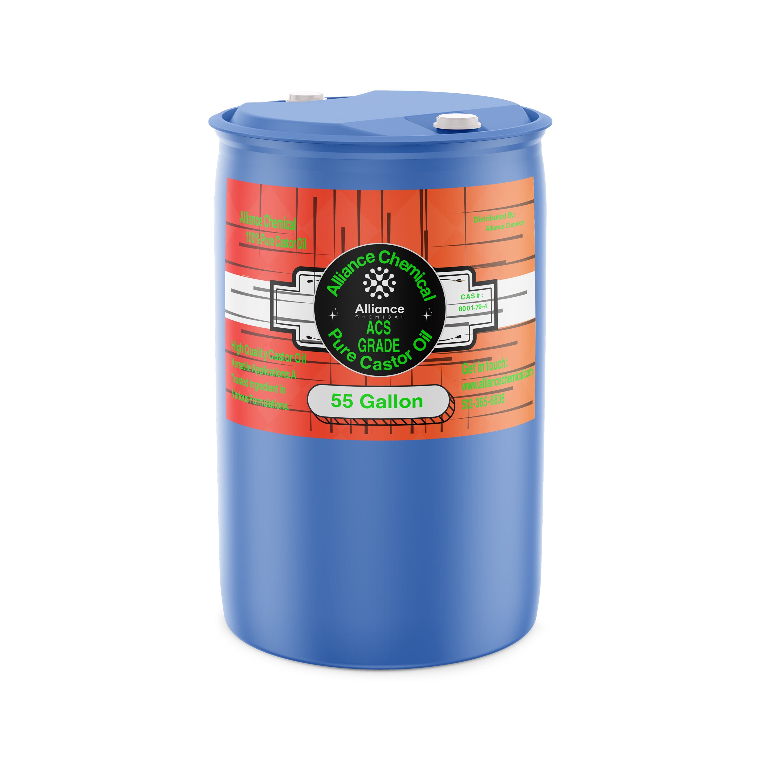 55-gallon blue HDPE drum of ACS-grade pure castor oil by Alliance Chemical, featuring red-orange labeling and secure white dual-cap closure system.