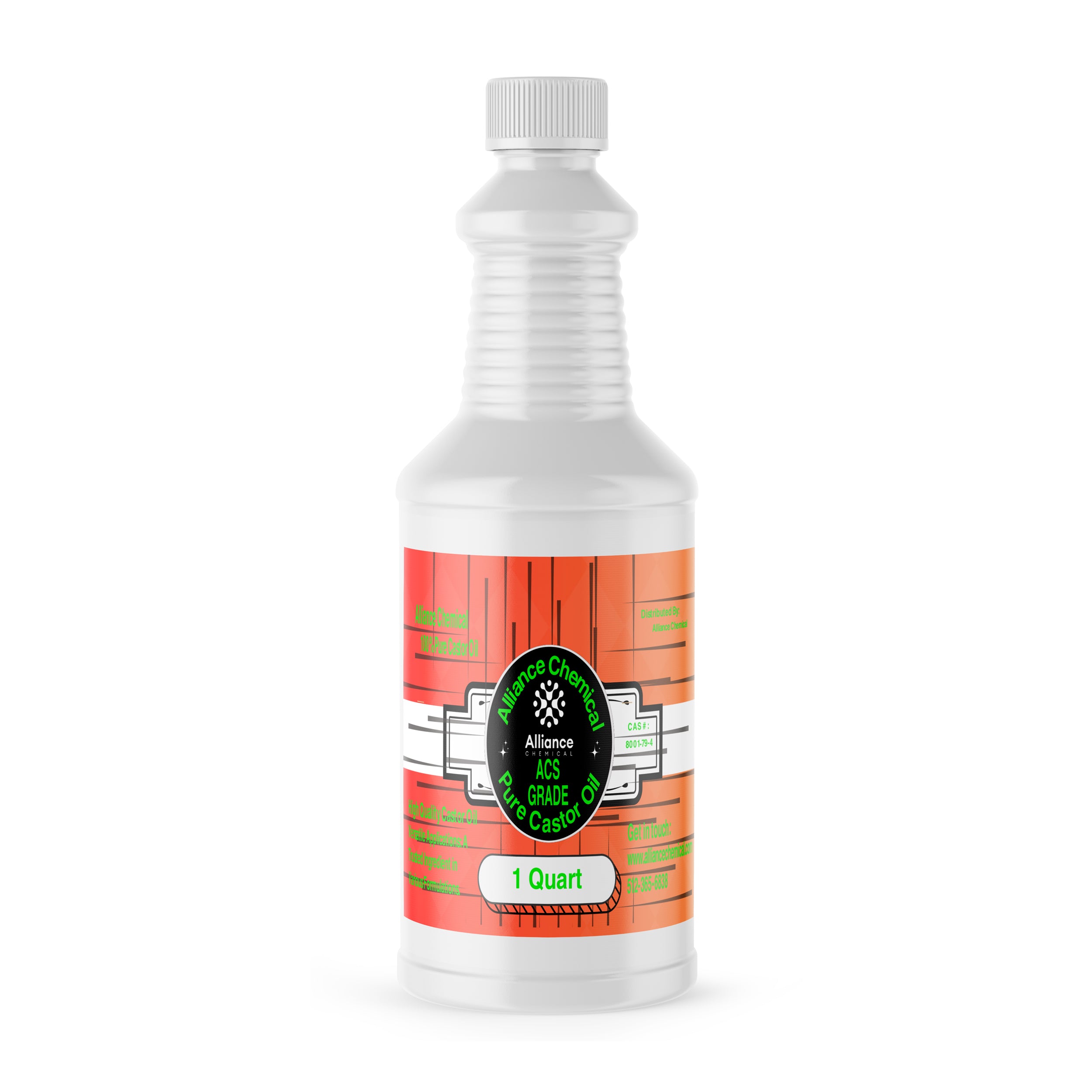 1-quart pure ACS-grade castor oil in white HDPE bottle with red-orange label, Alliance Chemical brand, ribbed container design with safety cap.