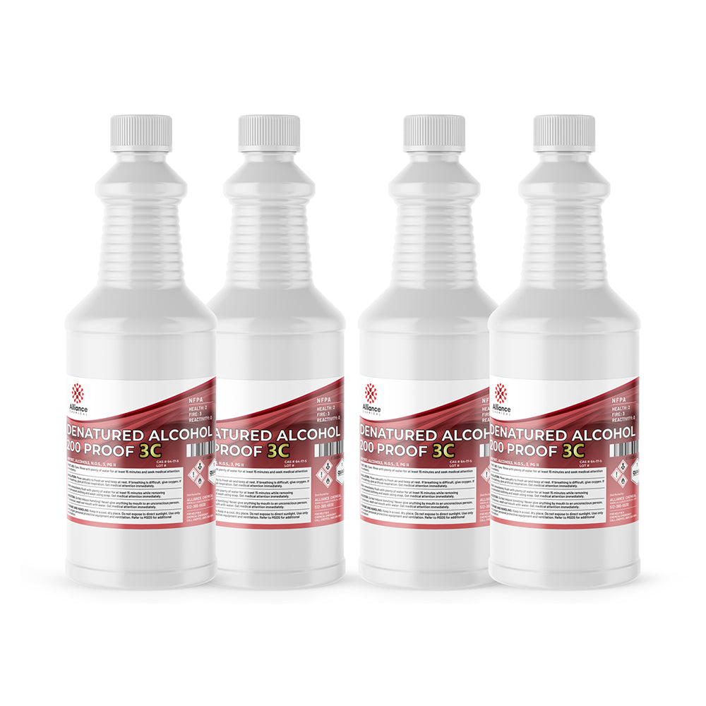 4-quart set of 200-proof denatured alcohol 3C in HDPE bottles with red safety labels, hazard warnings, and white tamper-evident caps.