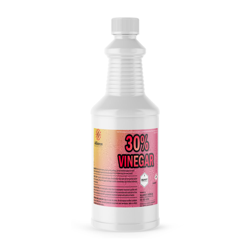 Quart bottle of 30% concentrated industrial vinegar solution in white HDPE container with safety label and ribbed grip design.